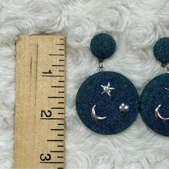 Vintage Denim Star Moon Dangle Stud Earrings 1980’s - Picture 2 of 5